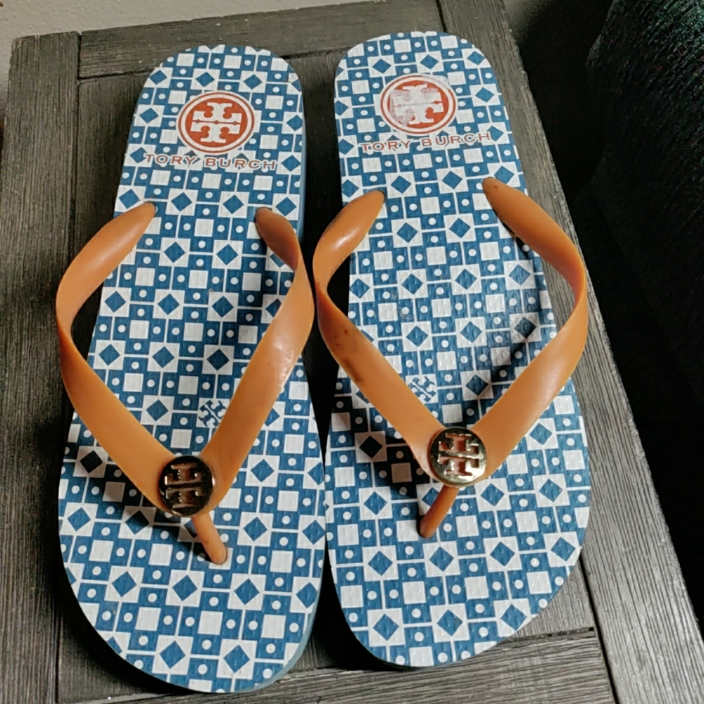 Tory Burch Blue Geometric Flip Flop Sandals with Tan Straps